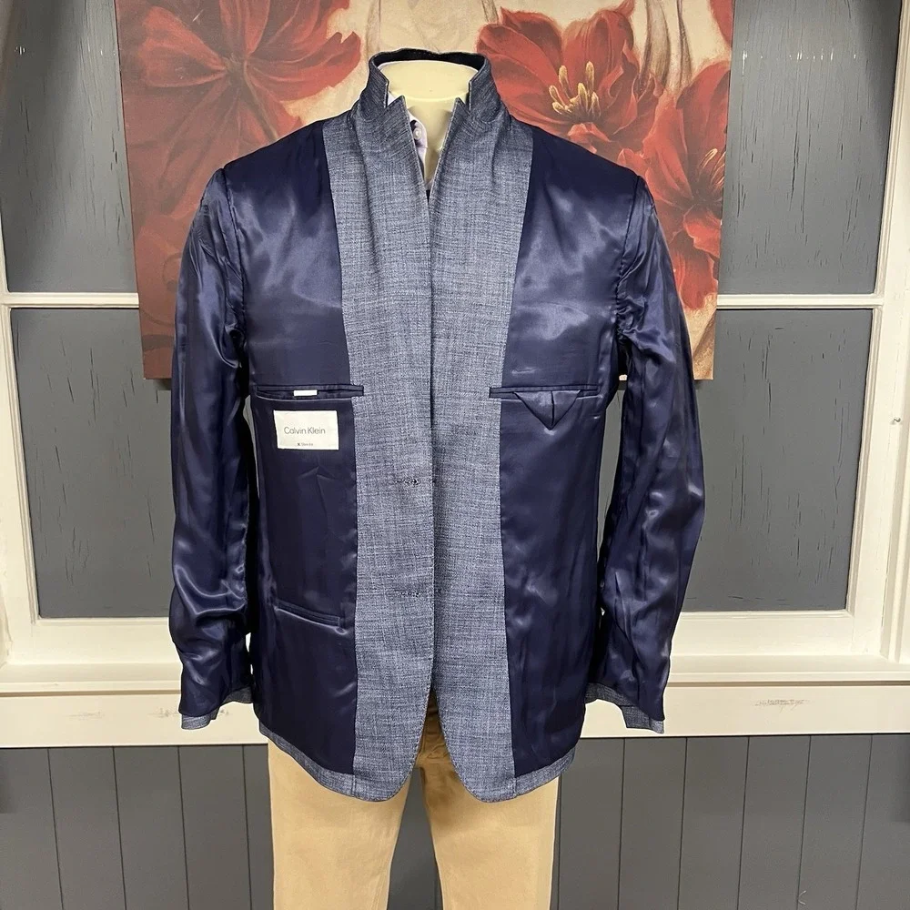 Calvin Klein Blazer Sport Coat Mens 44R Slim Fit Polyester Blend Stretch Blue